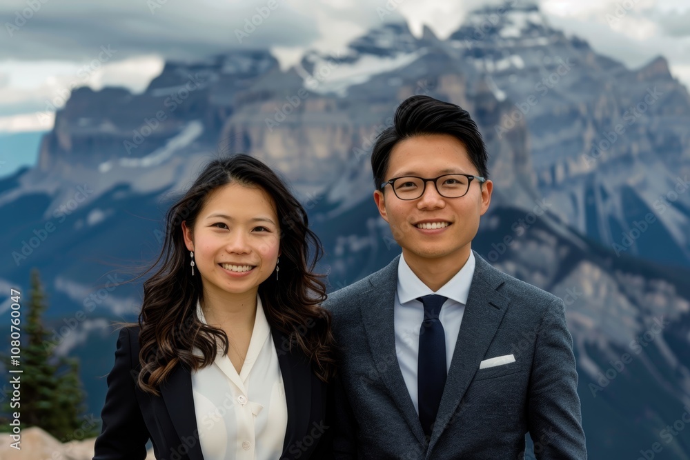 Portrait of a merry asian couple in their 30s wearing a professional suit jacket isolated on backdrop of mountain peaks Portrait of a merry asian couple in their 30s wearing a professional suit jacket isolated on backdrop of mountain peaks