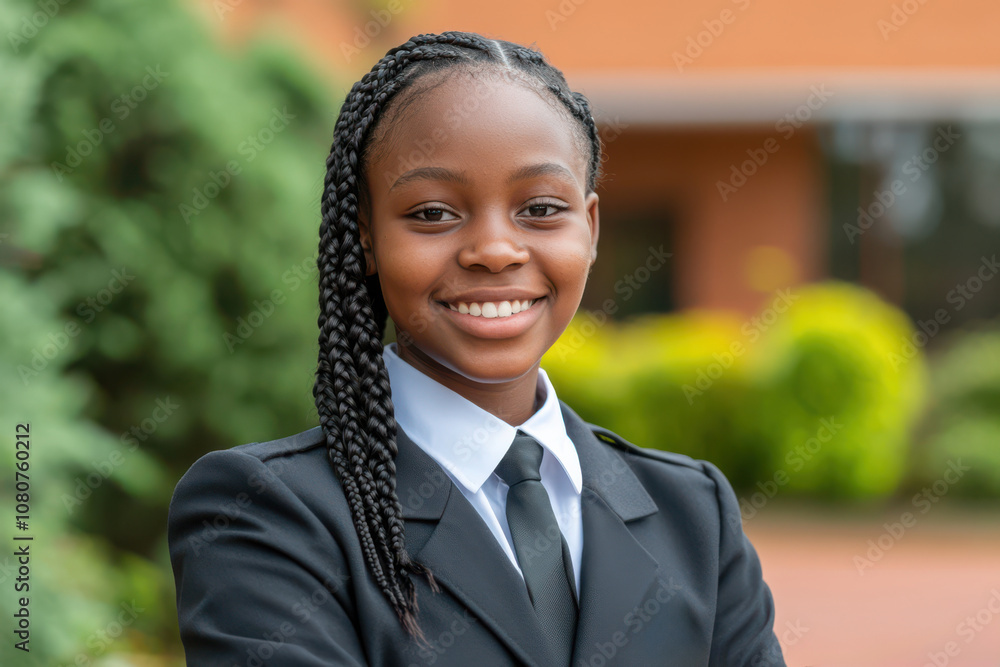 Smiling African girl in school uniform outdoors on campus, detailed portrait Smiling African girl in school uniform outdoors on campus, detailed portrait