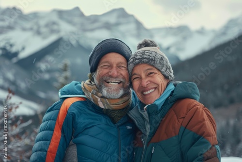 Portrait of a cheerful multiethnic couple in their 40s sporting a quilted insulated jacket isolated on backdrop of mountain peaks