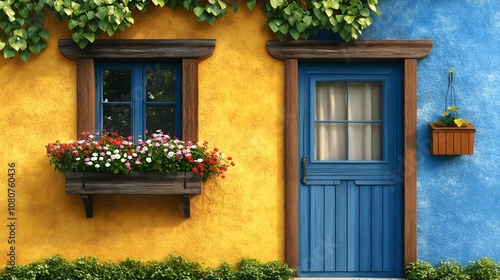 A blue and yellow house with window frames and a door, featuring vibrant wall paint