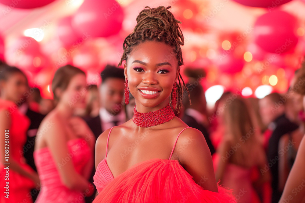 Elegant Woman in Red Dress at Gala Event with Balloons Elegant Woman in Red Dress at Gala Event with Balloons