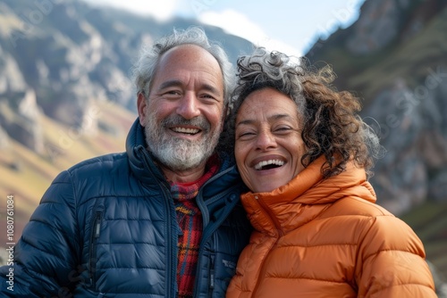 Portrait of a cheerful multiethnic couple in their 40s sporting a quilted insulated jacket on backdrop of mountain peaks