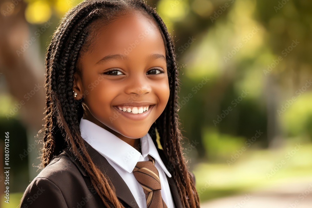 Smiling African girl in school uniform outdoors on campus, detailed portrait