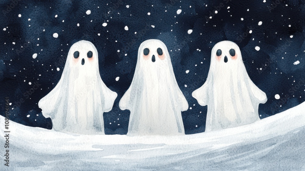 Three adorable ghost figures in white sheets stand on a snowy surface, under a starry night sky with falling snowflakes. Three adorable ghost figures in white sheets stand on a snowy surface, under a starry night sky with falling snowflakes.