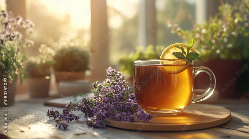 Refreshing Herbal Tea with Lemon and Mint in a Sunlit Garden Setting Refreshing Herbal Tea with Lemon and Mint in a Sunlit Garden Setting