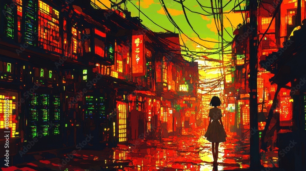 Enchanting Urban Landscape at Dusk with Neon Lights and Silhouetted Figure Walking Alone on Wet Streets Reflecting Vibrant Colors and Atmosphere of a Lively City Enchanting Urban Landscape at Dusk with Neon Lights and Silhouetted Figure Walking Alone on Wet Streets Reflecting Vibrant Colors and Atmosphere of a Lively City