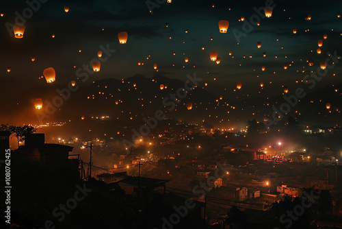 Cinematic shot of sky lanterns floating above an Indian village festival, creating a magical and ethereal atmosphere at night