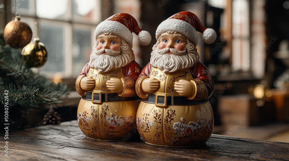 Fototapeta premium Festive traditional santa claus figurines in cozy holiday setting