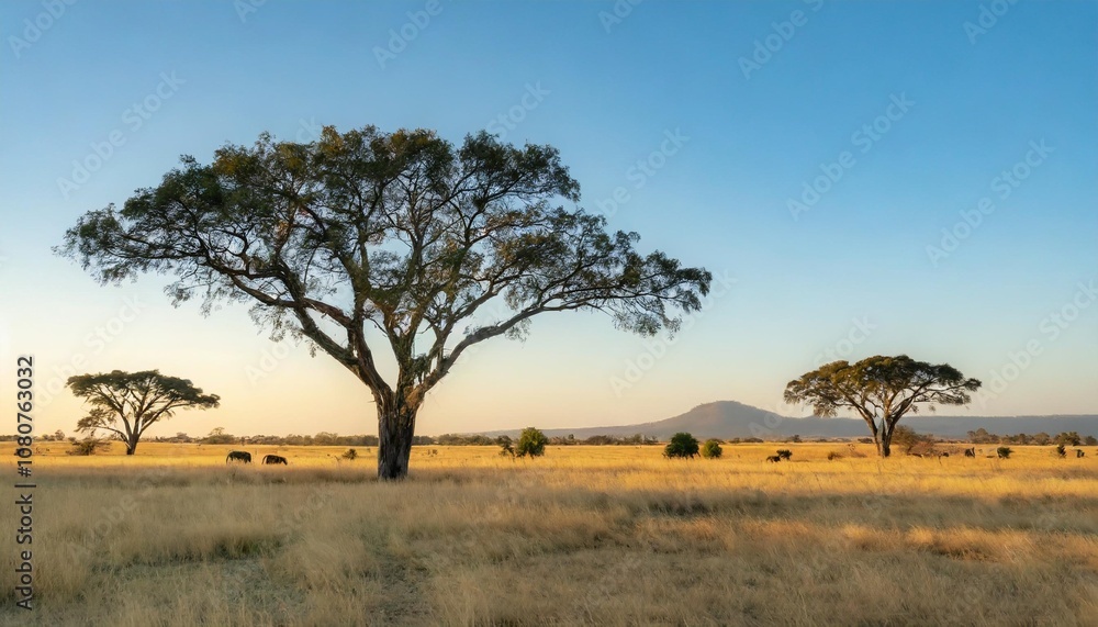 Vast Open Savannah Stretching to the Horizon, With Towering Acacia Trees Dotted Across the Landscape, Beneath a Clear Blue Sky and Gently Grazing Herds in the Distance Vast Open Savannah Stretching to the Horizon, With Towering Acacia Trees Dotted Across the Landscape, Beneath a Clear Blue Sky and Gently Grazing Herds in the Distance