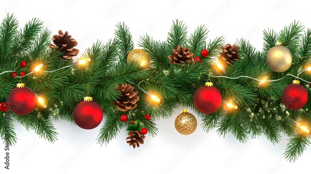 Christmas Garland with Branches, Pine Cones, Lights and Gold and Red Ornaments on a White Background Christmas Garland with Branches, Pine Cones, Lights and Gold and Red Ornaments on a White Background