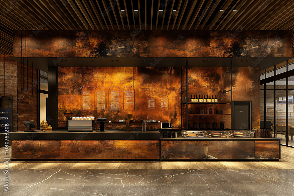 Modern Rustic Cafe Interior with Ambient Lighting and Stylish Decor Modern Rustic Cafe Interior with Ambient Lighting and Stylish Decor