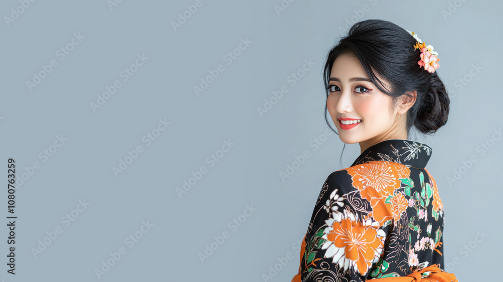 Japanese woman in traditional batik cloth isolated on gray copy space Japanese woman in traditional batik cloth isolated on gray copy space
