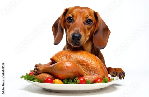 Dachshund dog holds a turkey on a plate on a white background, Thanksgiving day