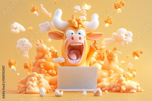 A cartoonish cow celebrating joyfully with a laptop amidst colorful clouds. photo