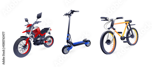 Set of illustrations of two-wheeled transport, motorcycle, electric scooter, bicycle, realistic in 3D style.