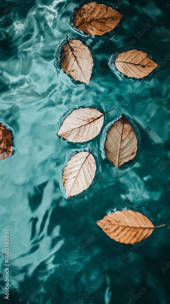 Autumn leaves floating on a calm blue water surface. Autumn leaves floating on a calm blue water surface.