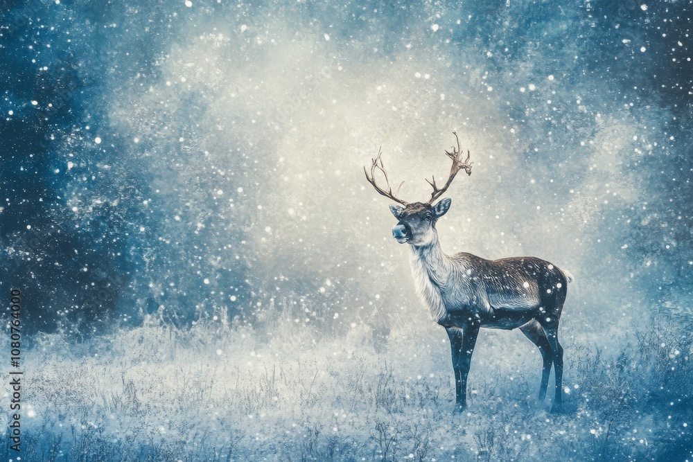 A lone deer stands gracefully in a snowy landscape, surrounded by falling snowflakes, creating a serene and magical winter scene. A lone deer stands gracefully in a snowy landscape, surrounded by falling snowflakes, creating a serene and magical winter scene.