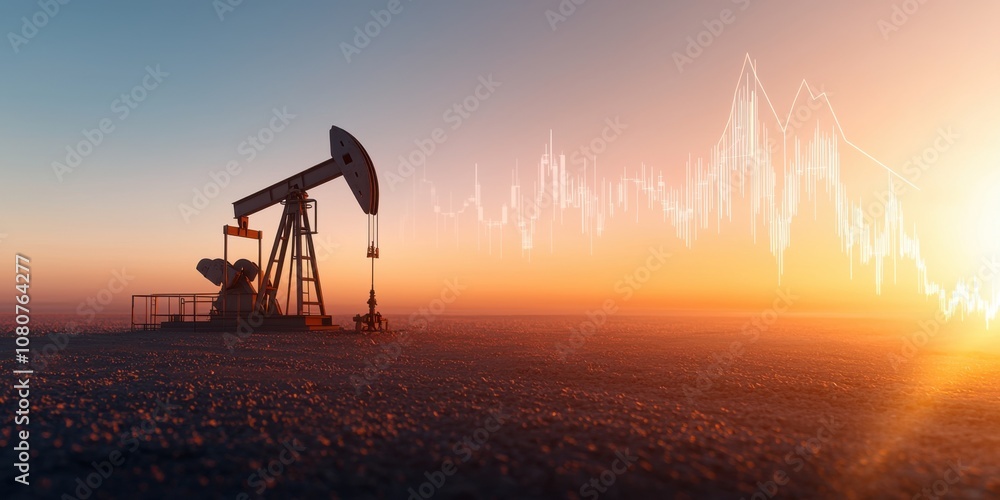 Naklejka premium energy stock oil. A silhouette of an oil pumpjack against a vibrant sunset, with digital waveforms overlaid, symbolizing the oil industry's data-driven future.
