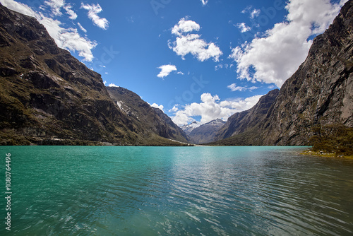 Crystal-clear waters cradled by towering Andean peaks. Llanganuco Lagoon is a masterpiece of nature’s serenity – Cordillera Blanca Ancash Peru photo