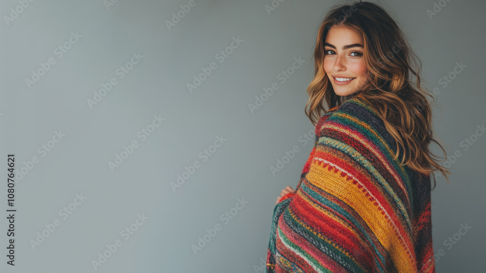 Germany woman wearing traditional cloak wool poncho isolated on gray Germany woman wearing traditional cloak wool poncho isolated on gray