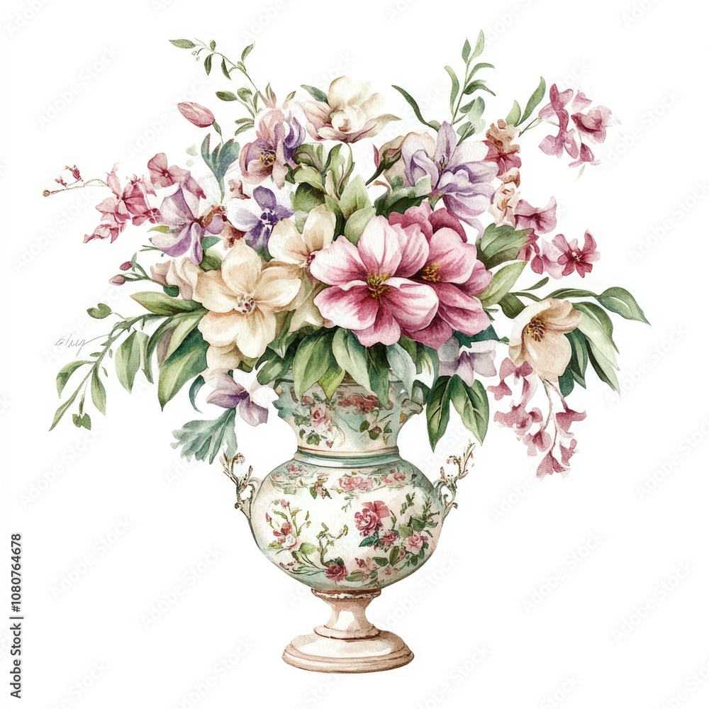 Elegant Floral Arrangement in Ceramic Vase for Wedding Invitation Design. Watercolor Illustration on White Background Elegant Floral Arrangement in Ceramic Vase for Wedding Invitation Design. Watercolor Illustration on White Background