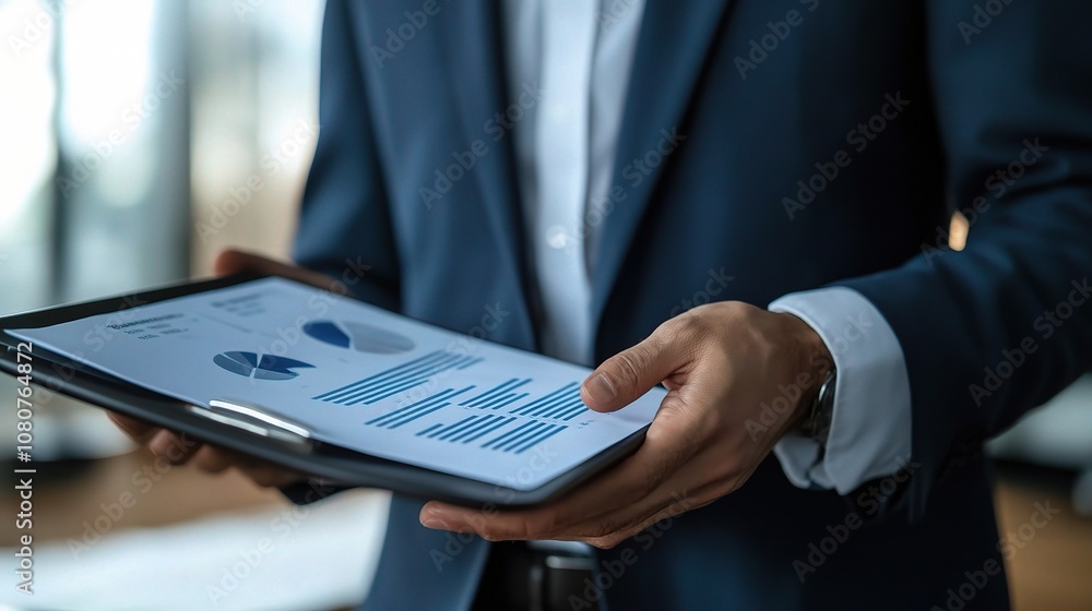 Business Leader Presenting Digital Reports in Modern Office Setting with Focus on Data Analysis and Professional Appearance Business Leader Presenting Digital Reports in Modern Office Setting with Focus on Data Analysis and Professional Appearance