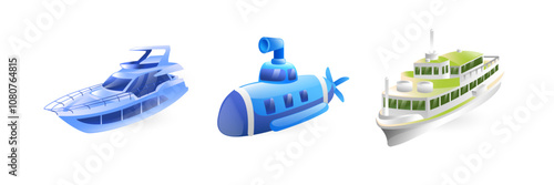 Set of illustrations of water transport, yacht, passenger ship, motor ship, submarine, realistic in 3D style.