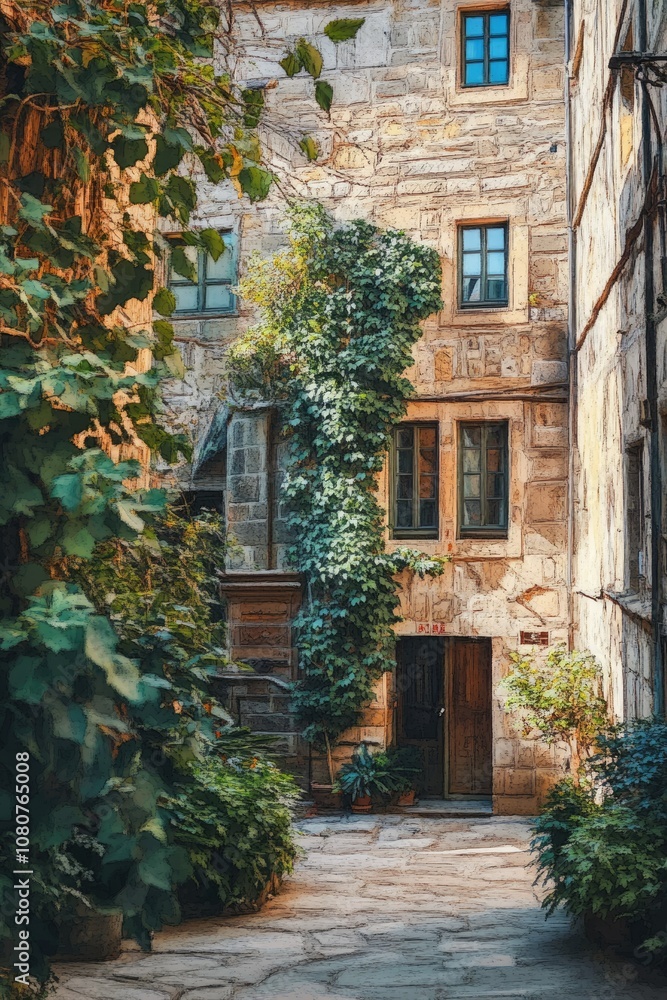 Enchanting Ivy Growth Surrounding Historic Stone Buildings in Old City Enchanting Ivy Growth Surrounding Historic Stone Buildings in Old City