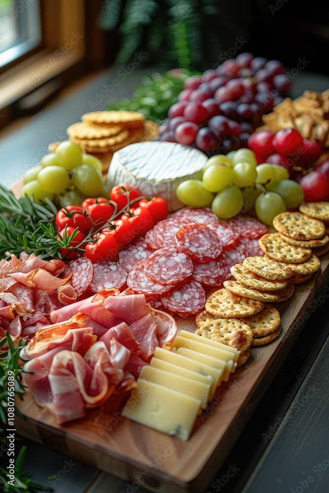 Gourmet Cheese and Meat Platter with Crackers and Grapes Gourmet Cheese and Meat Platter with Crackers and Grapes