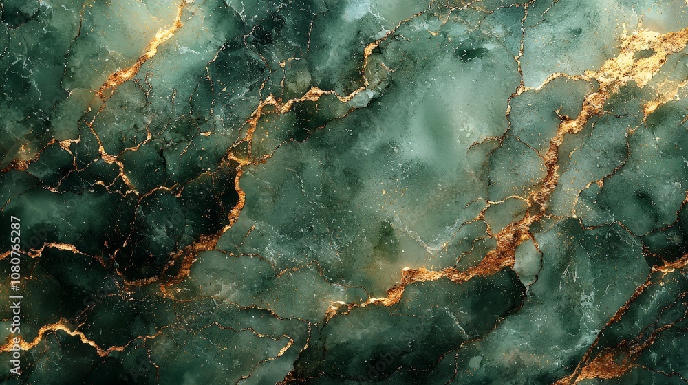 A textured green marble background with golden veins, suitable for design and decoration. A textured green marble background with golden veins, suitable for design and decoration.