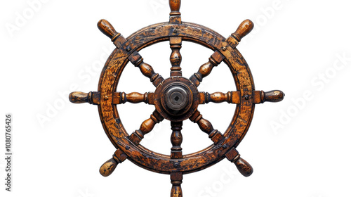 Vintage wooden ship wheel Isolated On PNG Transparent Background And White photo