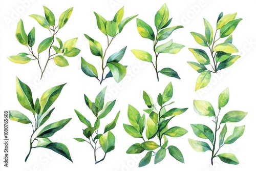 Hand-drawn Watercolor Bog Myrtle Plant Set for Medicinal Purposes