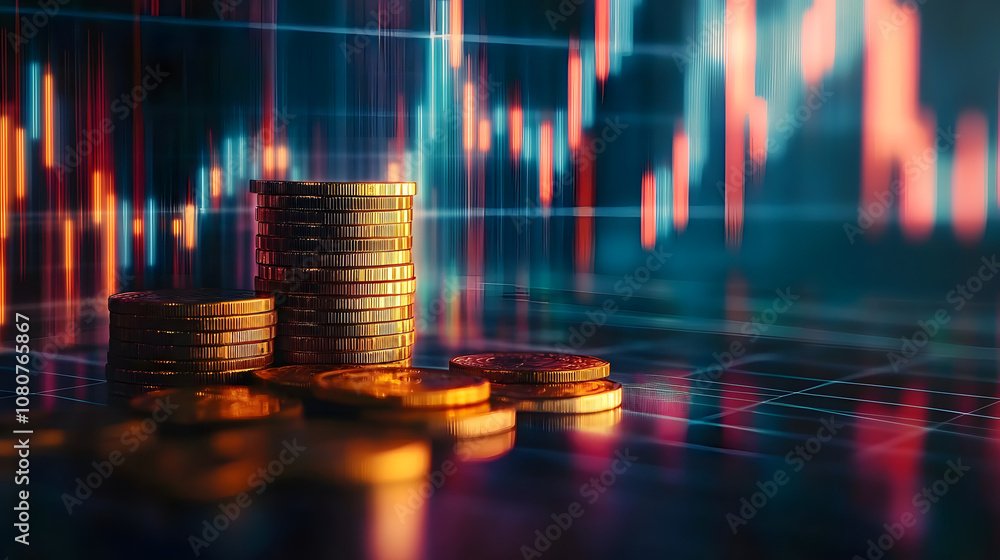 Stack of coins with trading price graph growth.Money business financial graph diagram of coin. Financial growth data or investment market profit bar and success report.Saving money concept. Stack of coins with trading price graph growth.Money business financial graph diagram of coin. Financial growth data or investment market profit bar and success report.Saving money concept.