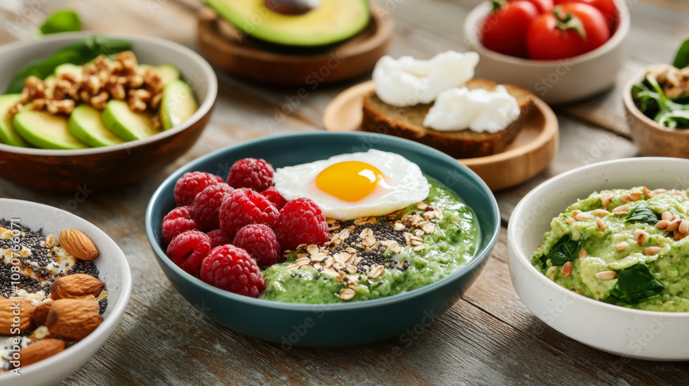 Colorful and nutritious breakfast spread featuring oatmeal, smoothies, and fresh fruits on a wooden table Colorful and nutritious breakfast spread featuring oatmeal, smoothies, and fresh fruits on a wooden table