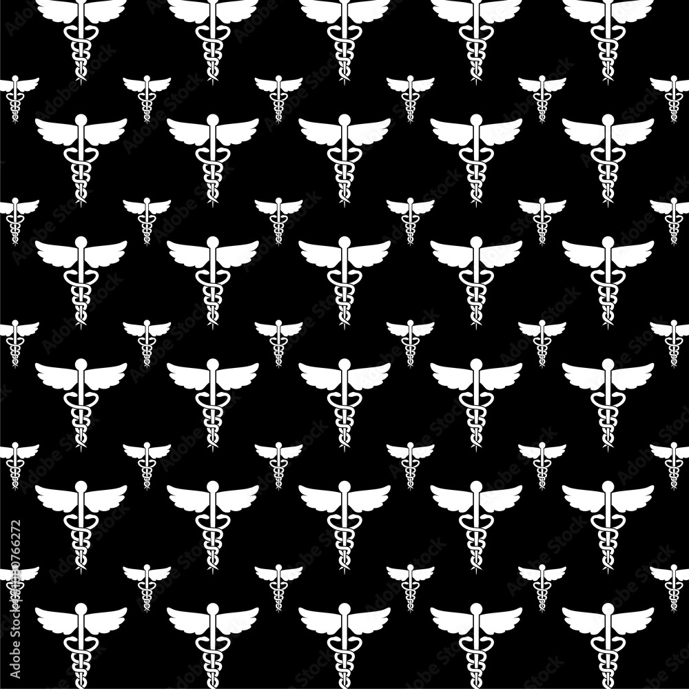 Caduceus medical symbol icon isolated seamless pattern on black background Caduceus medical symbol icon isolated seamless pattern on black background