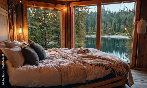 Cozy bedroom with a rustic wooden bed frame, soft lighting, and a picturesque view of rolling hills