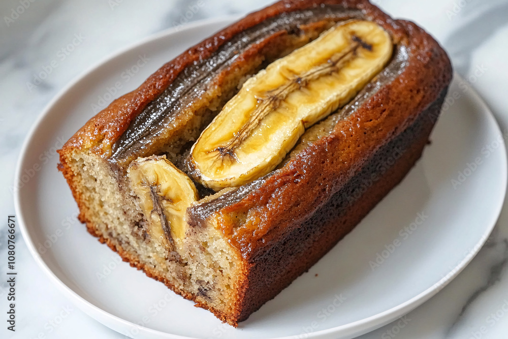 Freshly baked banana bread on the plate  in home kitchen