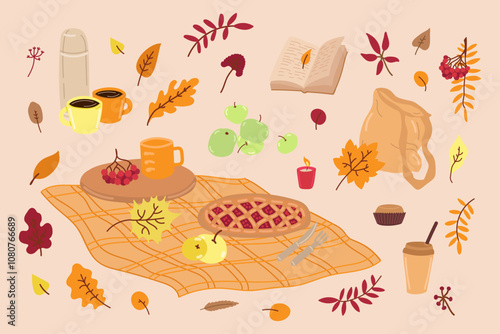 Cozy autumn set elements in flat graphic design. Bundle of picnic blanket, coffee cup, berry pie on wooden board, book, pumpkin candle, rowans, different fall leaves. Vector illustration isolated.