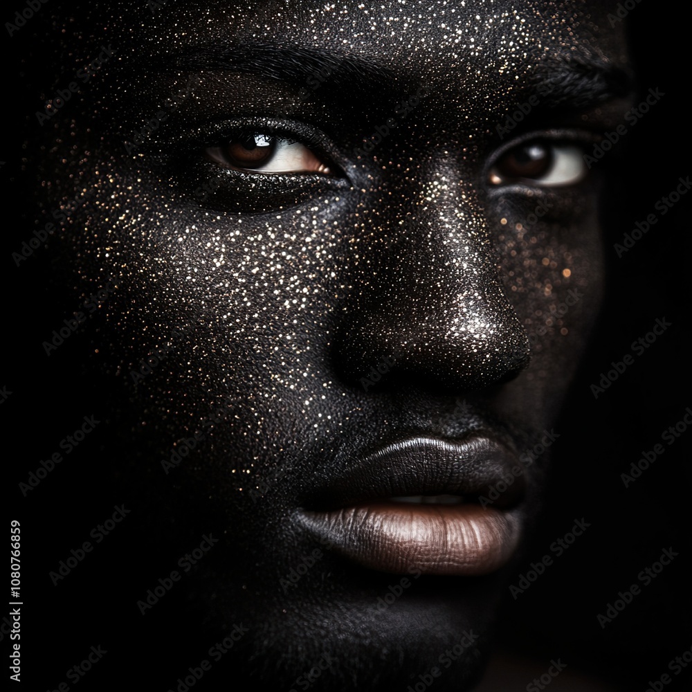 Close-up Portrait of a Man with Golden Glitter Makeup - Dramatic Beauty and Fashion Photography Close-up Portrait of a Man with Golden Glitter Makeup - Dramatic Beauty and Fashion Photography