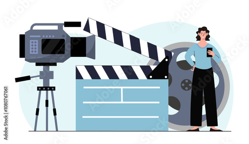 Woman record movie. Young girl near directors clapper board, directors chair and film tape. Entertainment and leisure, fun. Flat vector illustration isolated on white background