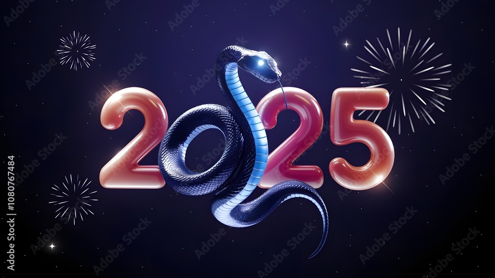 A glowing blue snake wraps around the year 2025 with fireworks in the background. AI generated. A glowing blue snake wraps around the year 2025 with fireworks in the background. AI generated.