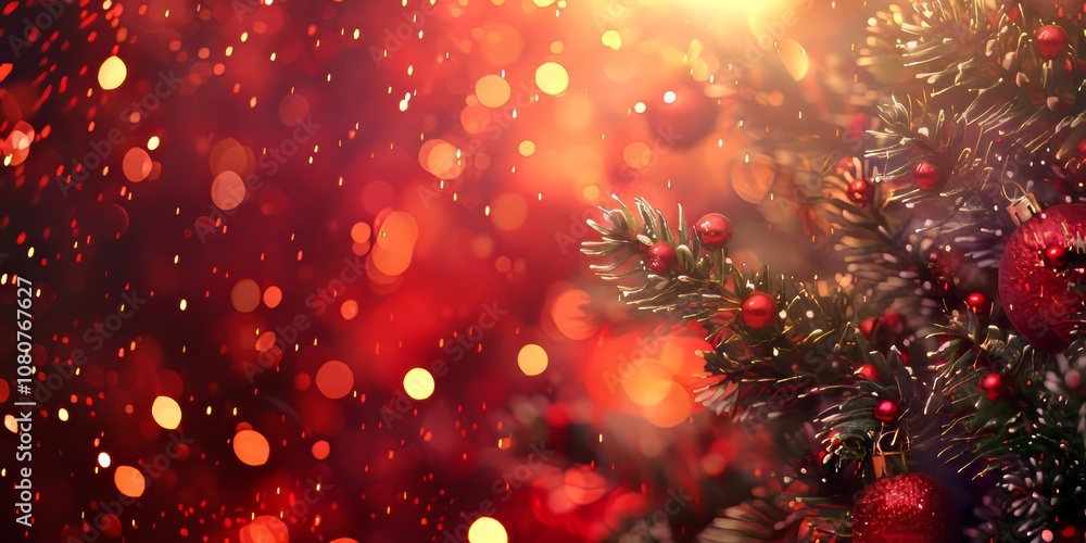 A red background with a tree in the foreground. The tree has red berries and a red ornament hanging from it A red background with a tree in the foreground. The tree has red berries and a red ornament hanging from it