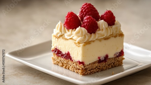 Delicious Raspberry Cheesecake Slice with Creamy Topping and Sweet Filling