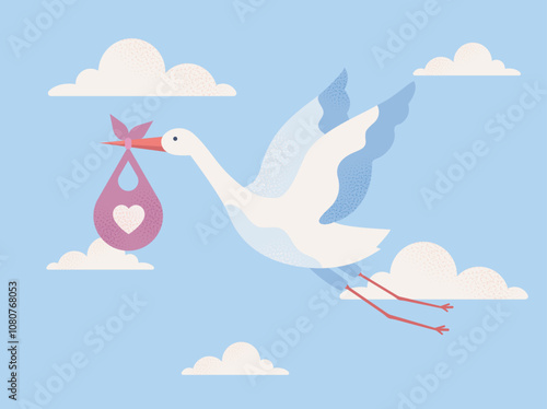 Stork with baby. White bird in sky with bundle with toddler. Adorable stork with newborn. Imagination and fantasy, fairy tale. Flat vector illustration isolated on blue background