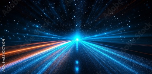 A 3D rendered image of speed lines moving on an abstract blue technology background with light ray beams.