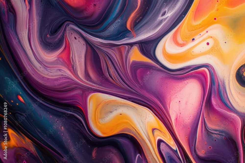Fototapeta premium Abstract Swirling Fluid Art with Purple, Yellow, and Orange Hues