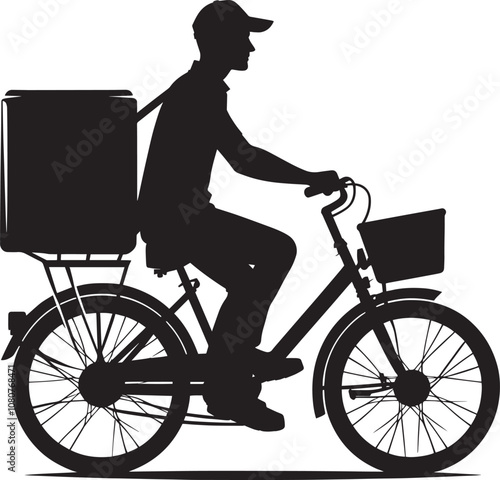 Delivery man on cycle with package silhouette vector illustration on white background