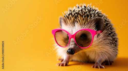 Banner with copy paste and empty place for text of cute Hedgehog Wearing Heart-Shaped Sunglasses on studio yellow background. Wild animal for Valentine's Day love postcard or notebook. photo