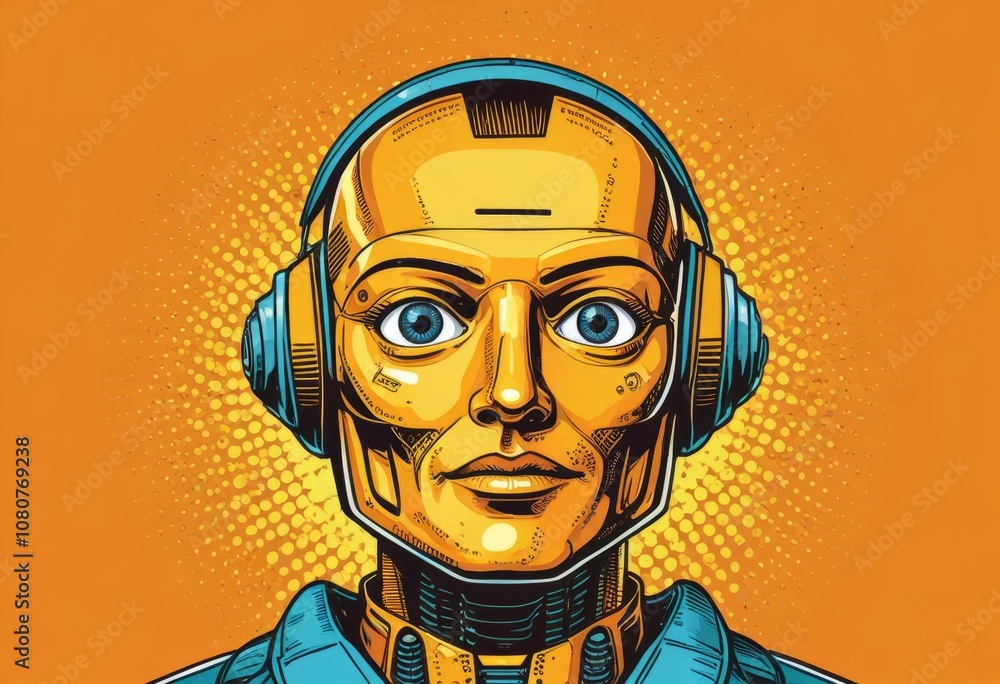 Intricate illustration of a golden humanoid robot with headphones against a vibrant orange background, emphasizing technology and creativity Intricate illustration of a golden humanoid robot with headphones against a vibrant orange background, emphasizing technology and creativity