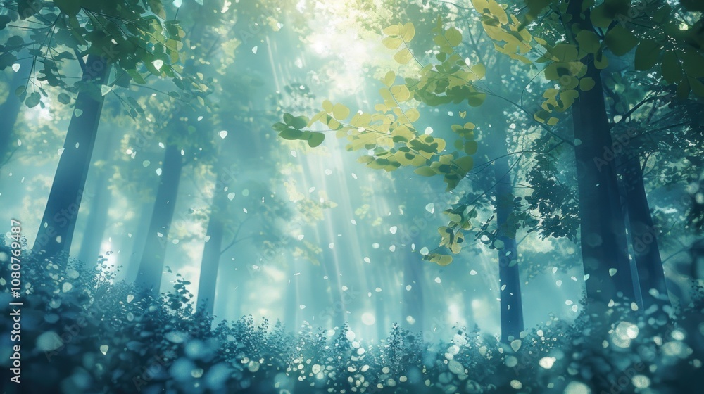 Obraz premium Sunbeams pierce through the canopy of a misty forest, illuminating the path ahead.